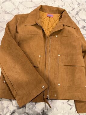 Edikted Suede Bomber Jacket in Chestnut Tan with Quilted Mustard Lining